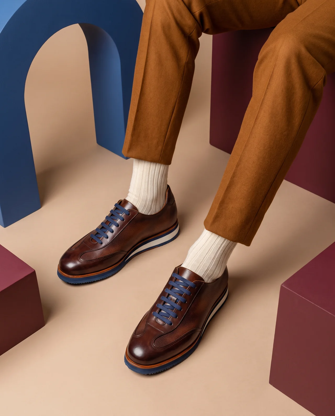 Close view of brown sport lace-ups with blue laces, cream socks and tobacco trousers